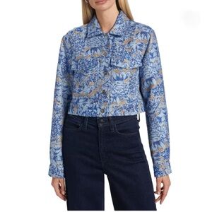 DEREK LAM 10 CROSBY Marc Cropped Jacquard Jacket Blue Abstract Size 16